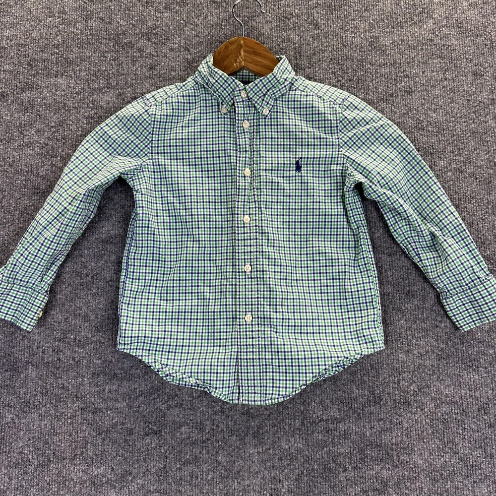 Ralph Lauren Shirt Youth 4 Green Blue Gingham Check Button Down Long Sleeve